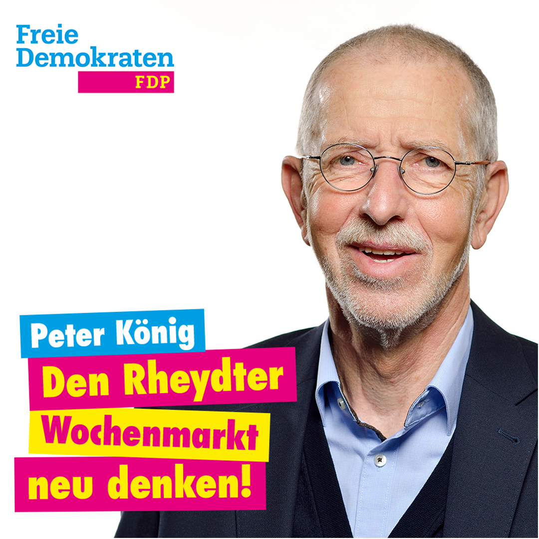 Kachel mit einem Bild von Peter König und dem Text "Den Rheydter Wochenmarkt neu denken!"